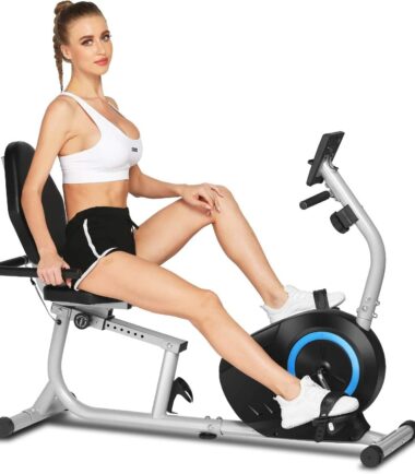 ANCHEER Vélo d'appartement horizontal magnétique avec selle réglable, 8 niveaux de résistance, capteurs de pulsation intégrés, super silencieux pour entraînement de récupération, max 130 kg