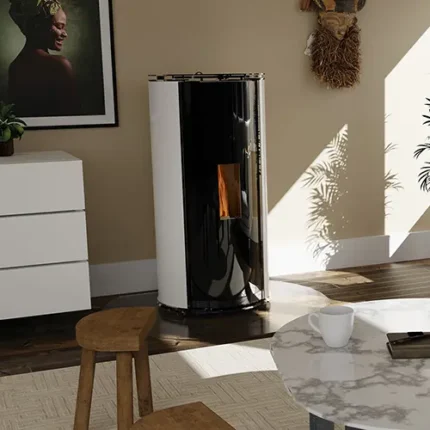 Poêle à granulés rond acier blanc façade vitrée – ELANCE GLASS 8 kW