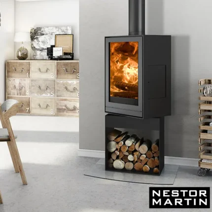 Poêle à bois Nestor Martin carré acier noir intérieur fonte – TQH 33 SOCLE BUCHES 8 kW